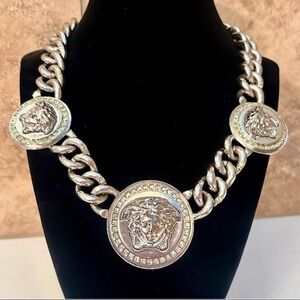 Versace ICONIC RARE Silver Medusa Pendant Thick Chain Necklace + Emerald Stones